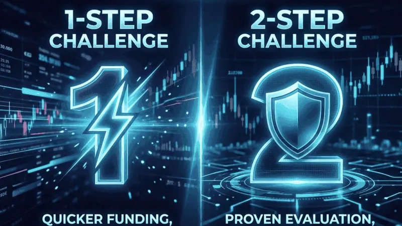 Comparative infographic charting differences between 1-step and 2-step prop firm evaluation rules, profit targets, and drawdown structures.