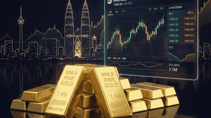 Live trading terminal screenshot showing tight gold (XAUUSD) spreads and FPX deposit options at a top Malaysian broker.