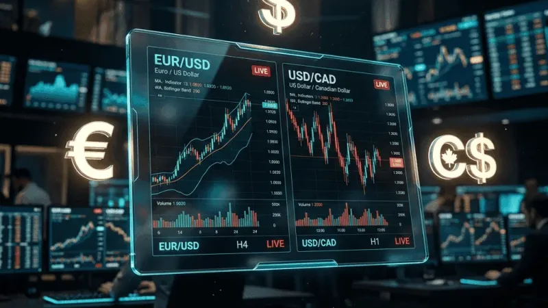 Technical analysis chart of EURUSD and USDCAD currency pairs showing support and resistance zones.