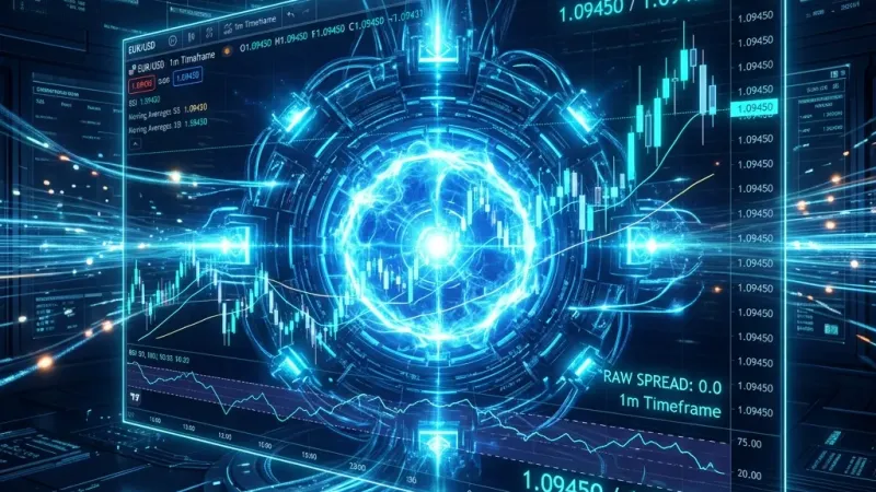 Detailed review graphic comparing Fusion Markets ECN spreads, account fees, and platform execution speed.