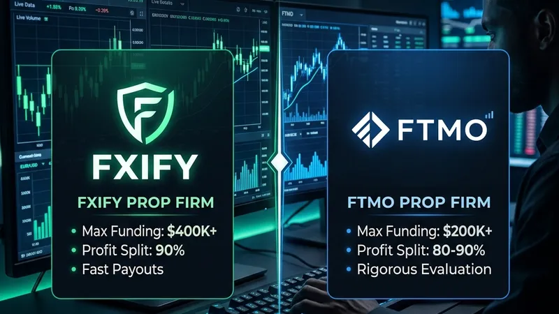 FXIFY vs FTMO rules, profit targets, drawdown limits, and payout speeds comparison chart.
