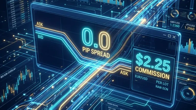 ECN raw spread chart displaying 0.0 pip spreads and lowest commission trading execution in MT5.