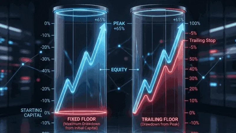 Drawdown calculation chart comparing a static loss limit threshold to a trailing loss limit threshold.
