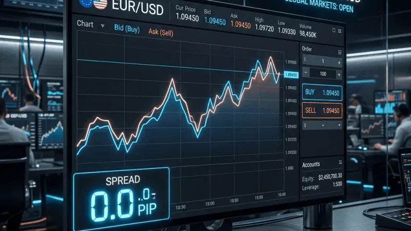 Spread monitoring dashboard showing live 0.0 pip spreads during high liquidity trading sessions.